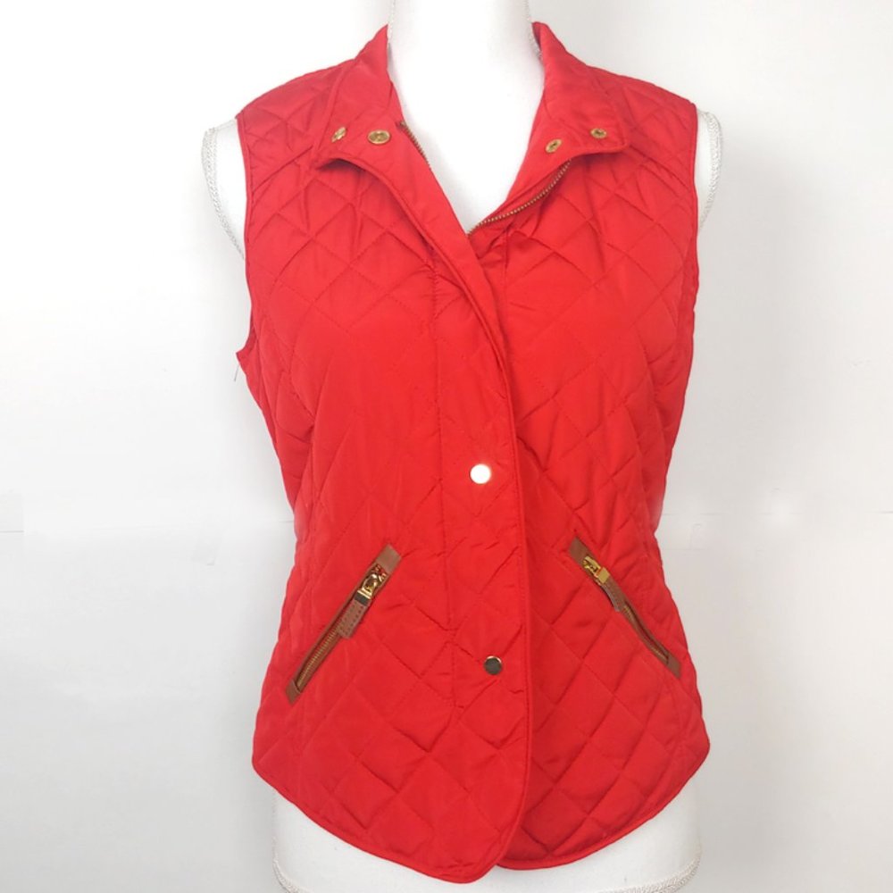 Zara Basic Red Quilted Vest Gold Buttons Zipper